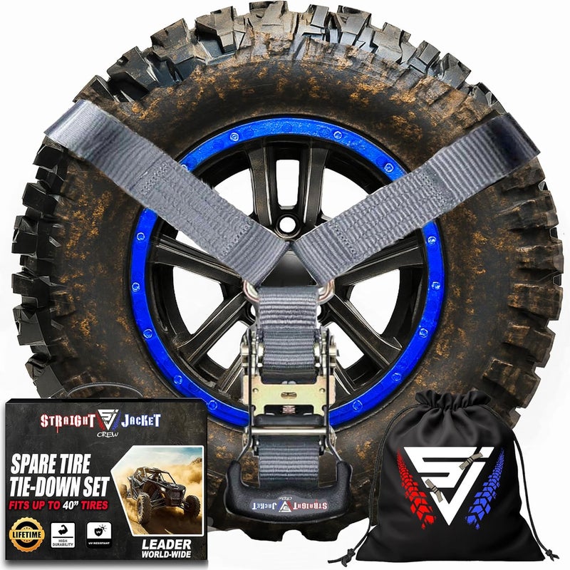 Straight Jacket Crew Y Strap for Spare Tire - Heavy Duty Spare Tire Strap 3 Point Ratchet for UTV, Offroad Accessories or Roof Rack | 1.6" Wide 3 Way Strap Can Secure Up to 40" Tire by (Grey) - Image 1